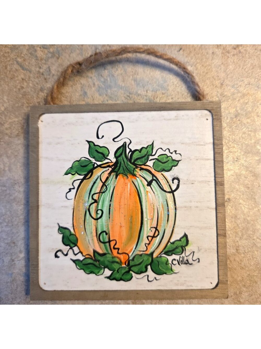 Small Pumpkin Painting on Wood Jute Hanger Sparkly Fall Autumn Decor 4x4 Acrylic